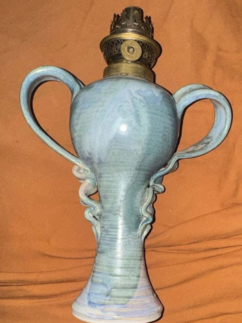 Vintage Handcrafted Studio Pottery Ceramic Oil Lamp with Blue Glaze